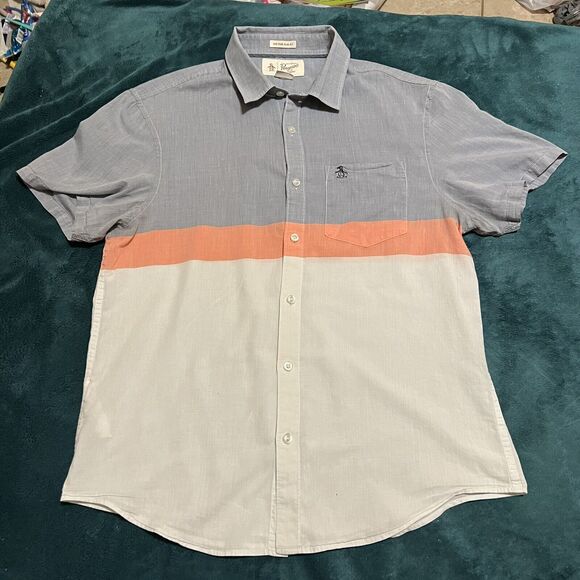 Penguin Munsingwear Short Sleeve Button Down Men's Medium Color Block Stripe - Picture 1 of 5